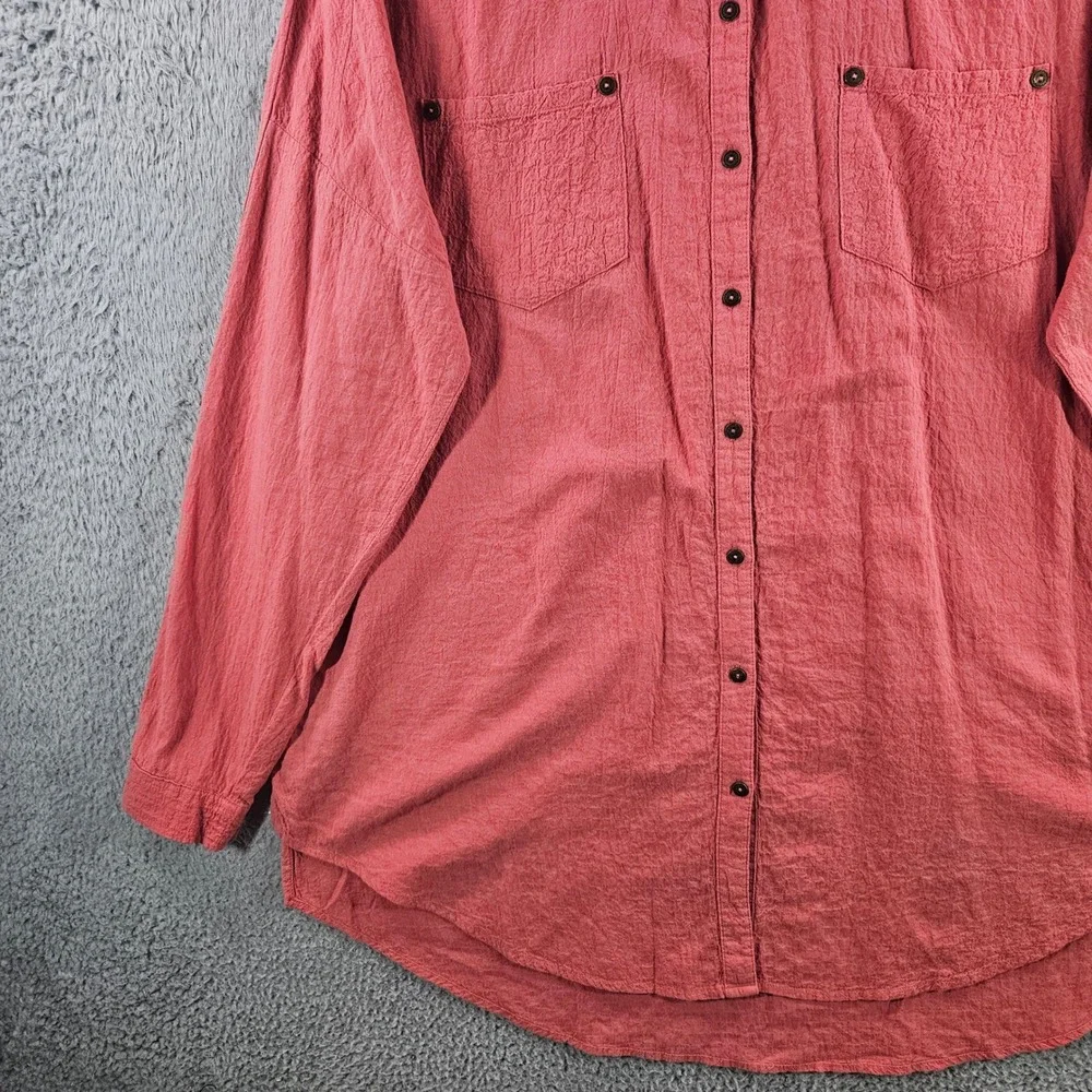 Free People‎ Womens Oversized Button Down Shirt Coral Textured Cotton Small